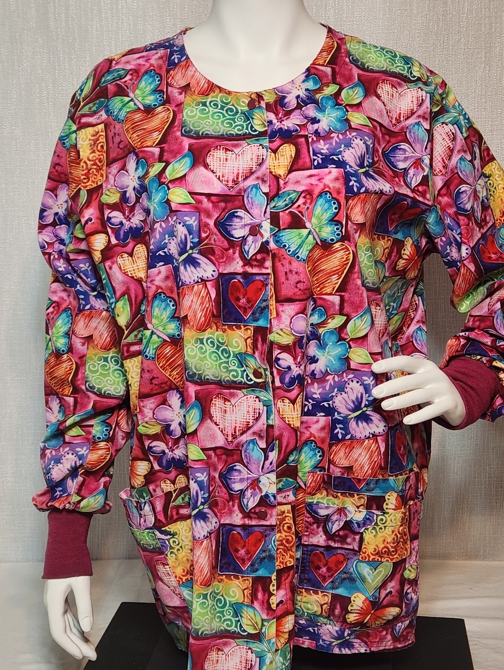 Cottonality Long Sleeve Butterfly Hearts Scrubs Top Snaps XL-1X Flaws On Cuffs